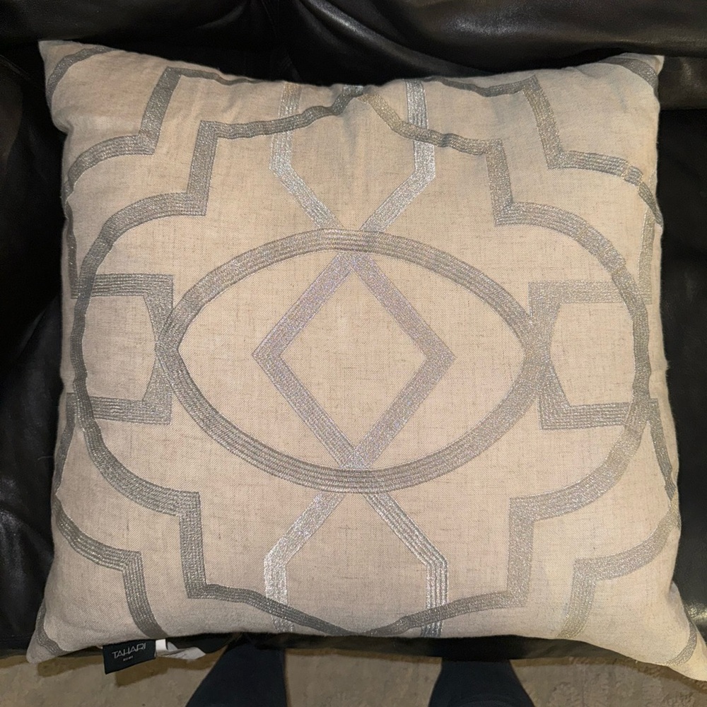 Tahari Neutral Linen with Silver Embroidery Accent Pillows - Single or set of 2